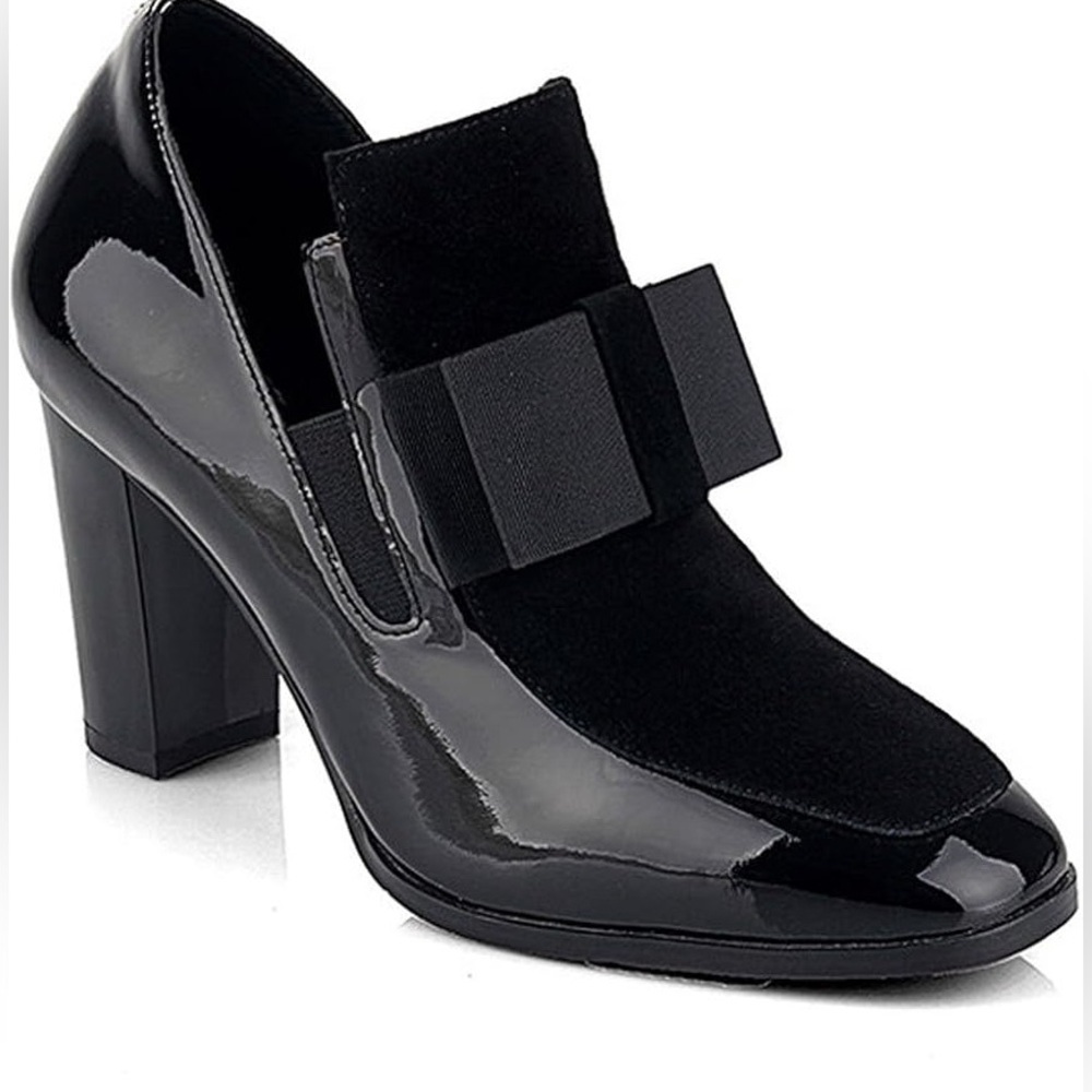 Chunky Patent Heeled Loafer with Bow and Square Toe Pumps/Dress Shoes